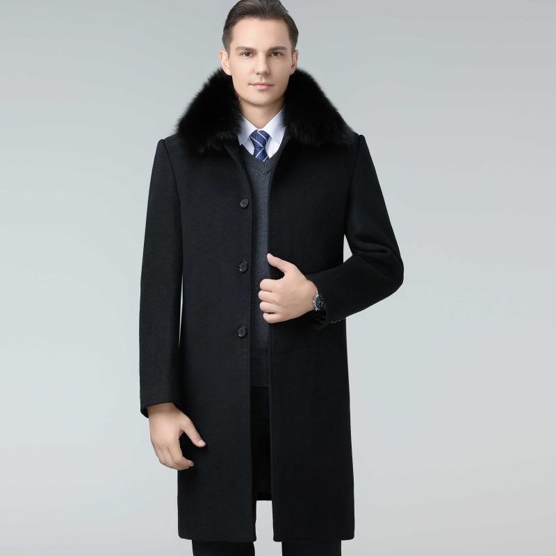 Middle-aged Cashmere Coat Men's Thickened Fur Collar Removable Down Liner Dad's Long Knee-length Woolen Coat