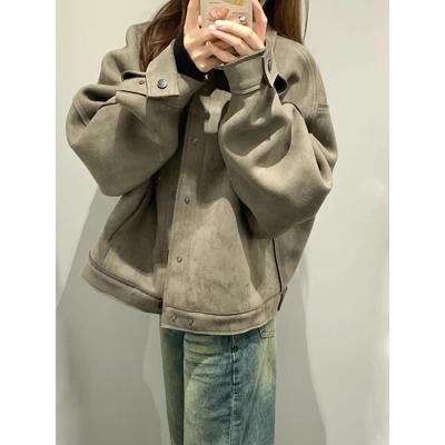 Veste Américaine Vintage Courte en Daim pour Femme Coupe Ample Décontractée Manteau d'Automne Style Paresseux