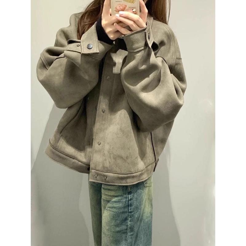 Vintage American Short Suede Jacket Women Loose Fit Casual  Fall Coat Lazy Style
