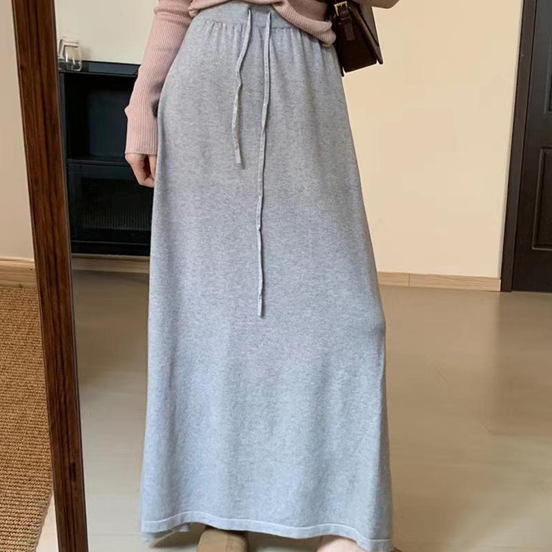 Knitted Skirt Women's High Waist Drawstring A- Line Skirts Autumn Winter New Style French Style Skirts
