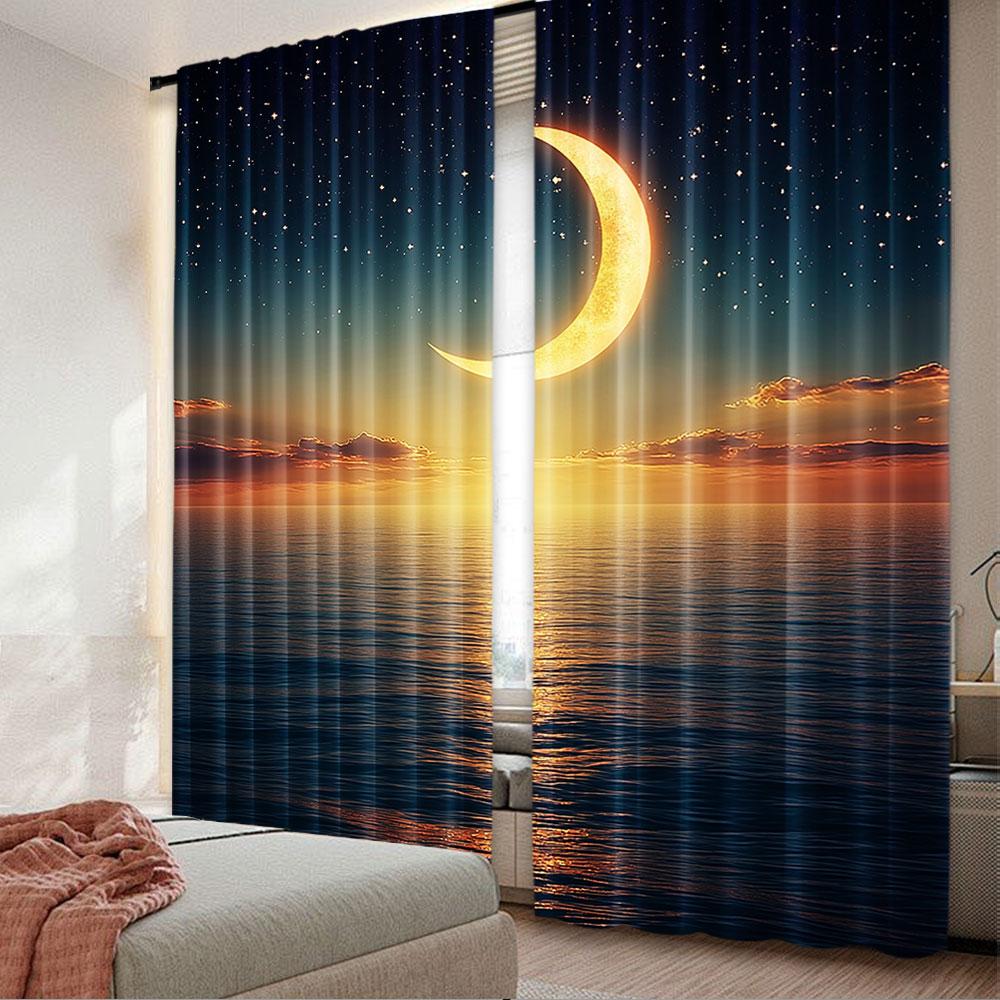 

2Pcs Ocean Curtain Sky With Moon And Stars Horizon Scenery Fantasy View Art For Living Room Dining Room And Bedroom A 29x65in(75x166cm)