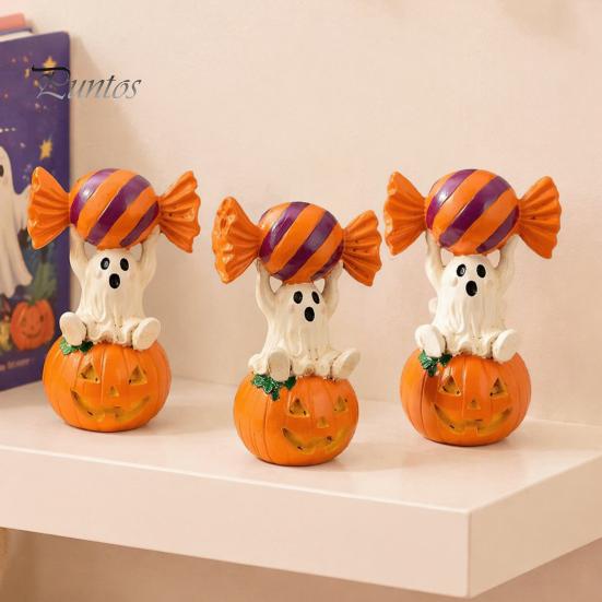 Spooky Holiday Decoration Halloween Ghost Figurine, Cute Sitting on Pumpkin Holding Candy Dark Sweet Room Decor Statue, Resin Table Ornament