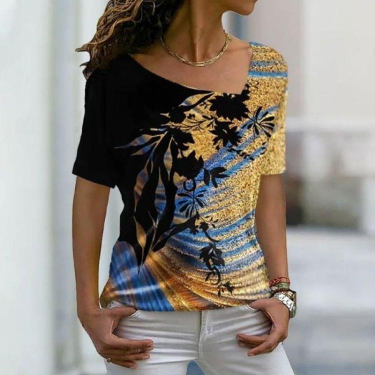 Streetwear Damskie Luźne Codzienne Koszulki V-neck z Kwiatowym Wzorem Krótki Rękaw