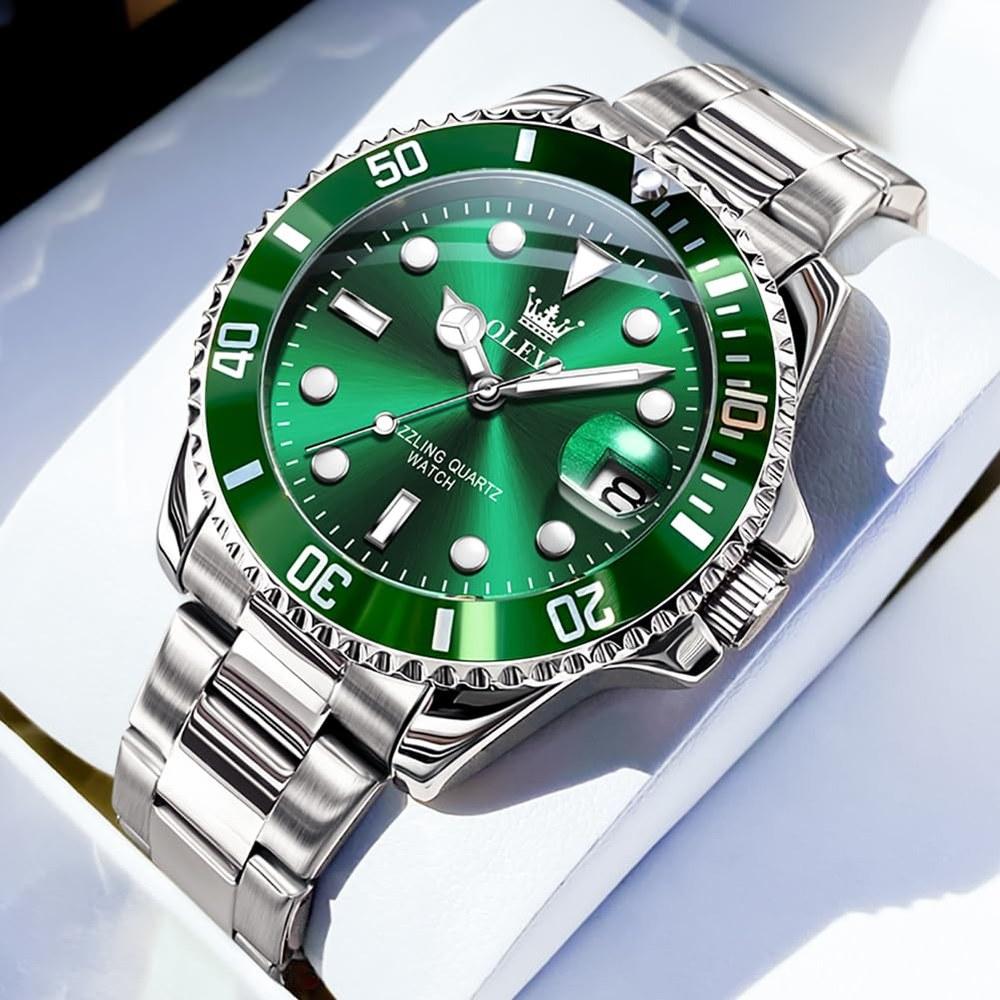 OLEVS Classic Big Face Men's Business Dress Watch Green Black White Blue Dial Luminous Quartz Stainless Steel Round Flywheel Multi-function