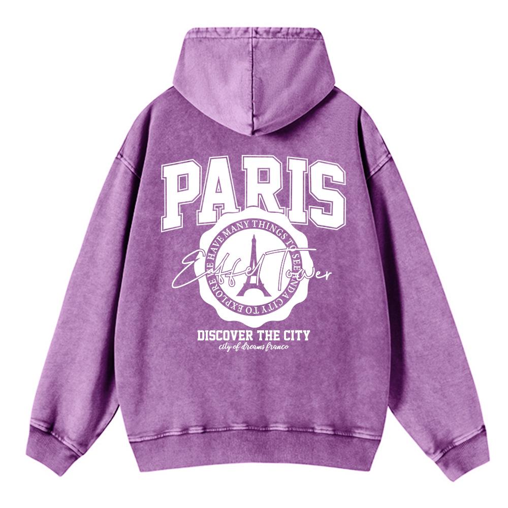 Cotton Womans Acid Wash Hoodies Paris Discover The City Printing Streetwear Oversize Pocket Warm Pullovers Clothes