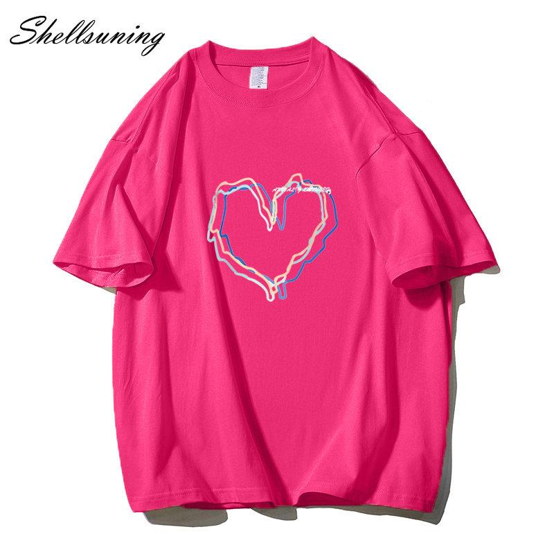Shellsuning Loose O Neck Cotton Printed Shirts Women Summer Kawaii Heart Graphic Tees Female Casual Short Sleeve Base Black Tops