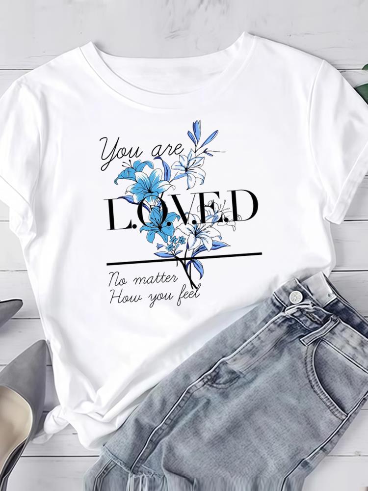 (Asian Size) Clothing T Shirt Women Fashion flower floral cute Tee Top Woman Print Female Short Sleeve Graphic T-shirts