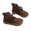 Retro Handmade Genuine Leather Cutout Flat Boots with Round Toe and Lace-up Design for Summer