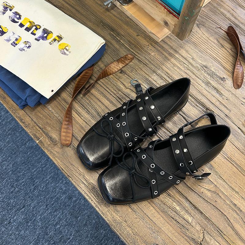 

Retro small fragrant style red bow Mary Jane single shoes women s spring and summer new rivet buckle with ballet flats 40