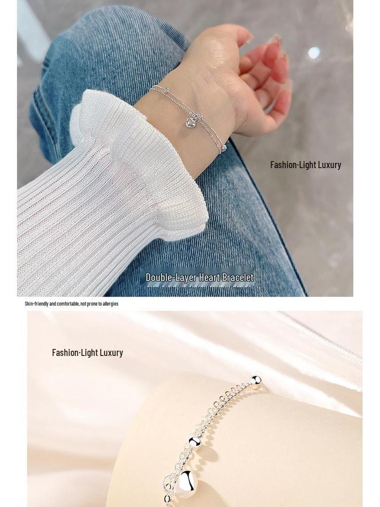 Elegant S925 Sterling Silver Dual Heart Bracelet - Chic, Modern, and Versatile