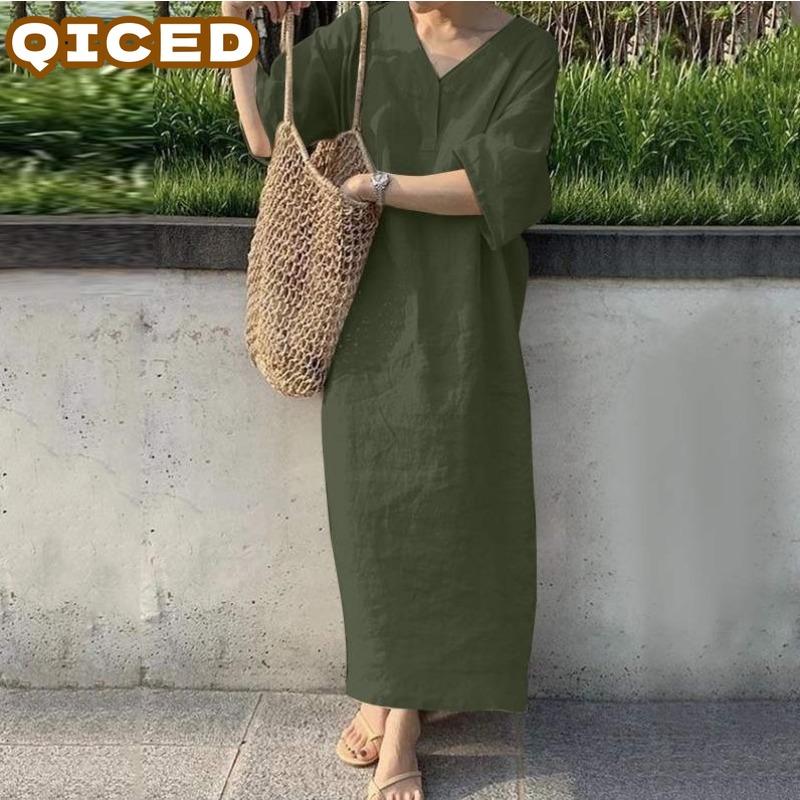 QICED Abiti casual da donna a maniche corte con scollo a V, tinta unita o stampati, per estate e primavera