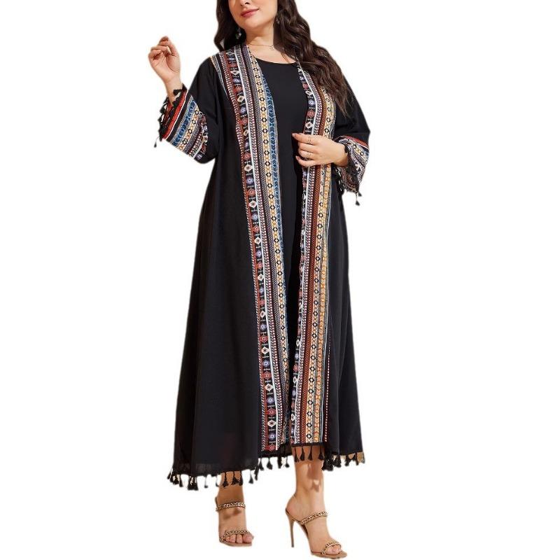 Plus Size Women's Retro National Romantic Su Long Cardigan Coat Temperament Commuter Dress Two Piece Set