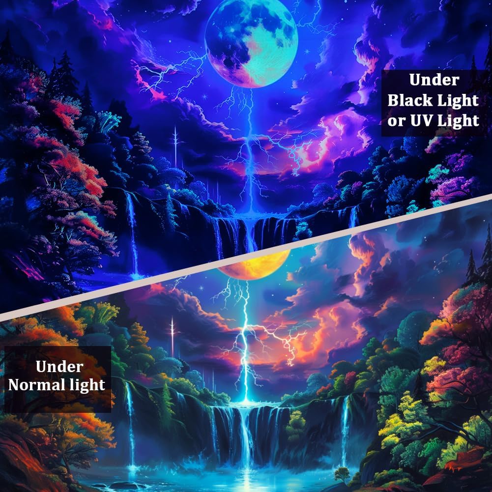 Heopapin Blacklight Tapestry Fantasy Moon Lightning Tapestries UV Reactive Tapestry Magic Waterfall Forest Landscape Tapestries Wall Hanging for