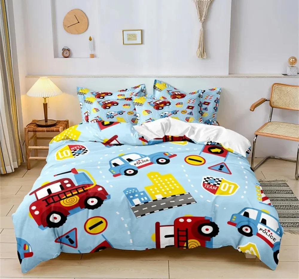 Cartoon Car Bedding Set Construction Vehicles Comforter Cover 3pcs Kids Machinery Truck Soft Polyester Duvet Cover for Boys Gift