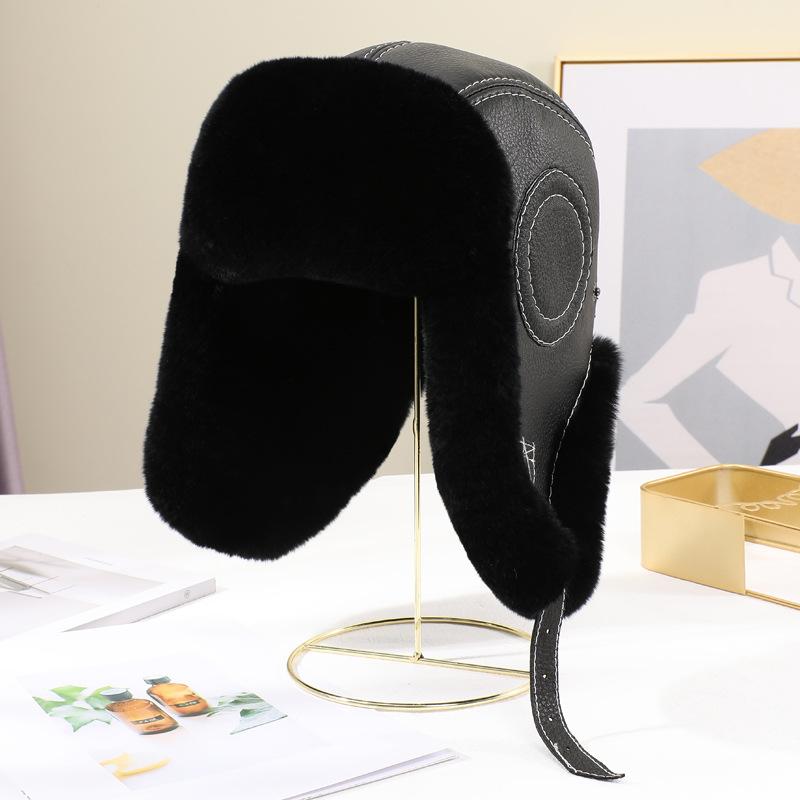 New Winter Men's Rex Rabbit Fur Bomber Hat Ushanka Cap Trapper fluffy Man Ski Hats Caps Real Sheepskin Leather