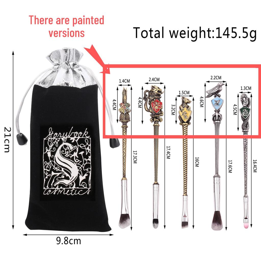 Harry Potter School Crest Eyeshadow Brush Set: 5 Midi Fox Metal-Handled Beauty Tools