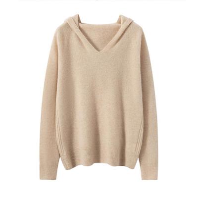 Damen Kaschmir V-Ausschnitt Kapuzenpullover - Herbst/Winter Langarm Pullover, Lässiger Grobstrick Stil.