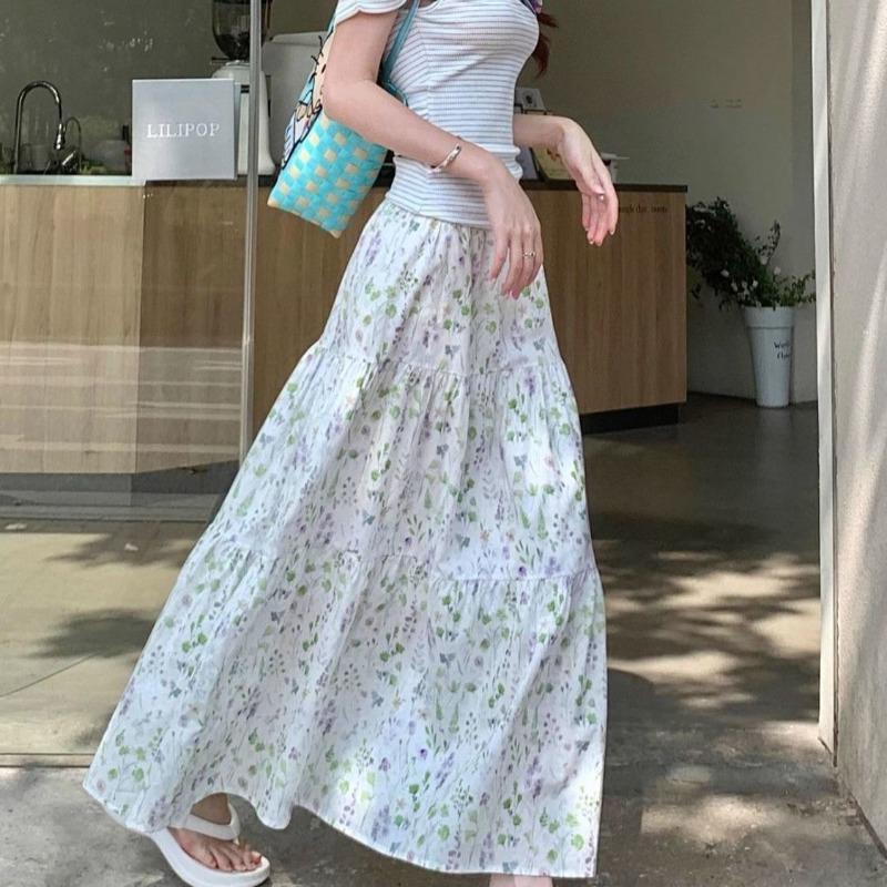 Floral High-waisted Skirt for Women In Spring and Summer New Style A-line Slimming Wide Skirt with Gentle Wind