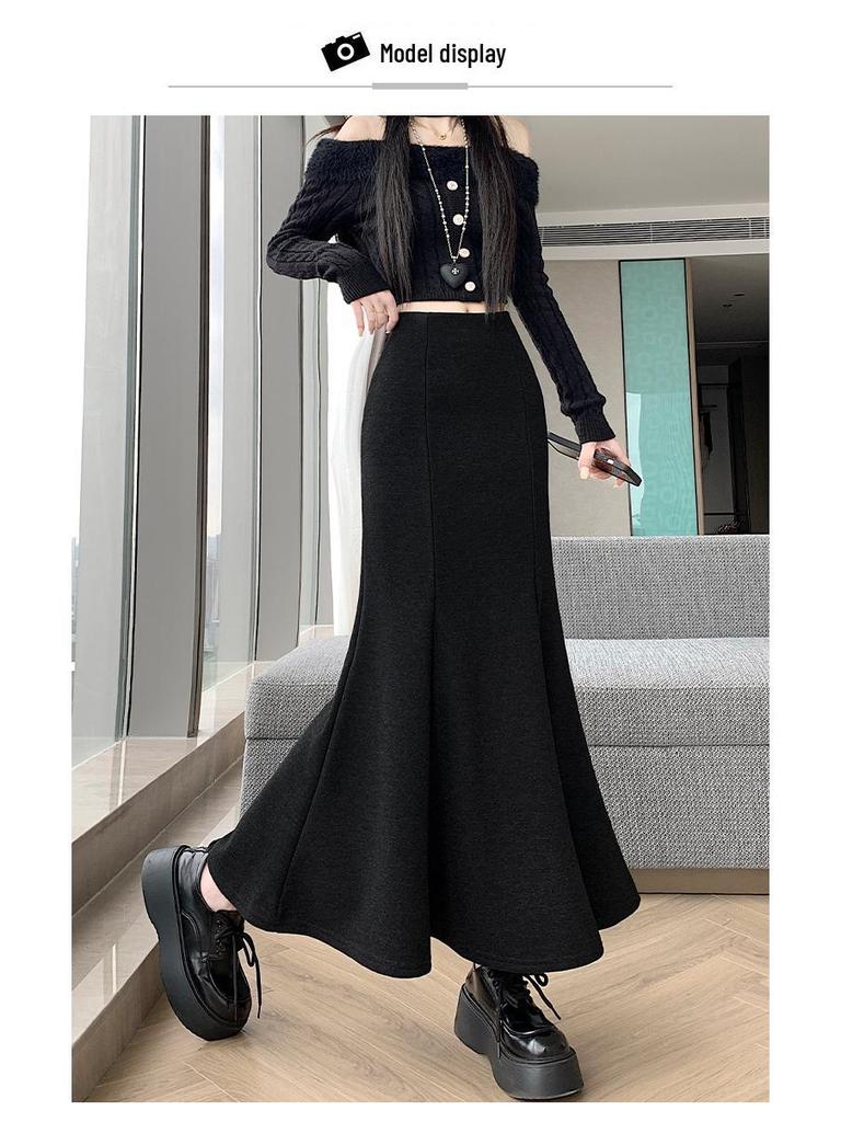 High Waist Woolen Fishtail Skirt - Autumn/Winter 2026, Slimming A-Line Long Skirt for Women.