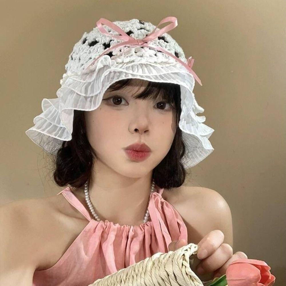 Weave Straw Hat Hollow Bow Knot Hat Sweet Fisherman Hat  Date