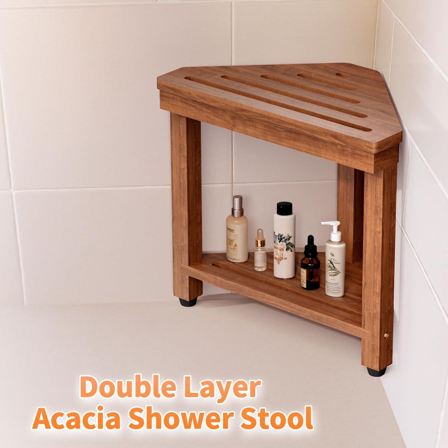Two-Tier Wooden Bathroom Shower Stool & Storage Shelf: Triangle Design for Toiletries Multi-purpose