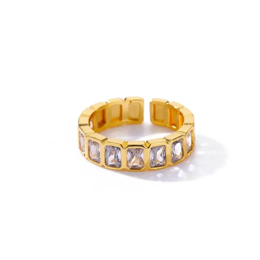 Luxury Geometric Square Colorful Zircon Opening Rings for Women Charm Gold Color Stainless Steel Party Finger Zircon Accessory