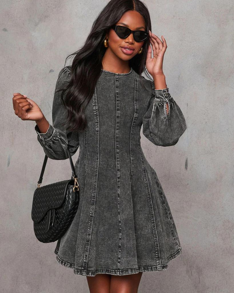 Elegant Autumn Patchwork Waist-Cinching Denim Dress - Long-Sleeved for Women