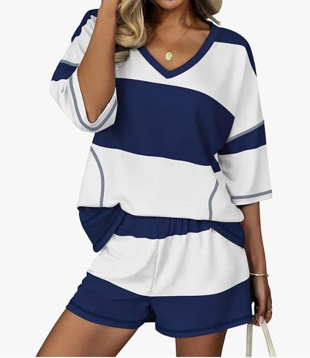Spring/Summer Women's Striped Short-Sleeve Top & Casual Shorts Two-Piece Sportswear Set