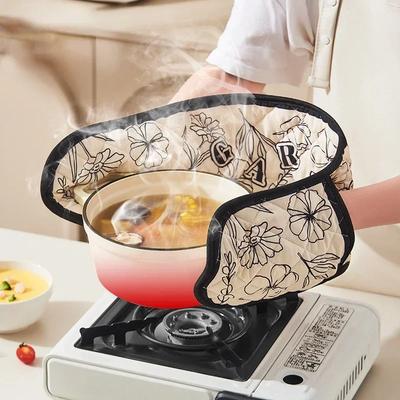 1Pc Oven Mitts Microwave Baking Bbq Integrated Glove Cotton Linen Heat Resistant Potholders Non-Slip Kitchen Cooking Tools