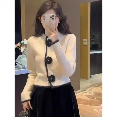 Cardigan French Sweet 3D Flower Knitted Cardigan Women Autumn Winter Vintage Color Contrast Slim Short Sweater Coat Fashion Tops