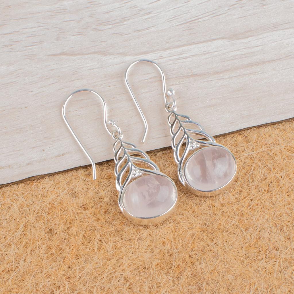 Rose Quartz Gemstone 925 Sterling Silver Jewelry Earrings 1.64" Gift For Her CE-1-30