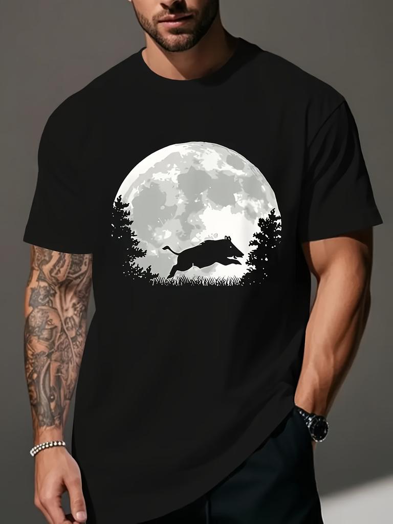 Wild Boar Moon Graphic Mens Cotton TShirt Breathable Short Sleeve Casual Hunting Tee