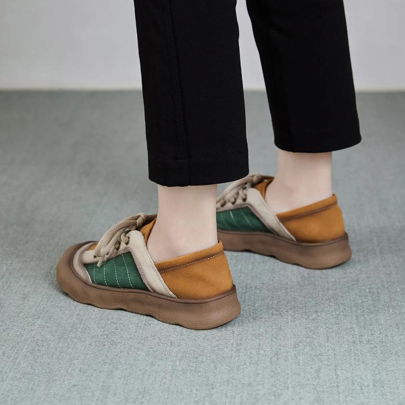 Johnature Genuine Leather Mixed Colors Casual Shoes Versatile Soft Soled Lace-up Flat Women's Shoes