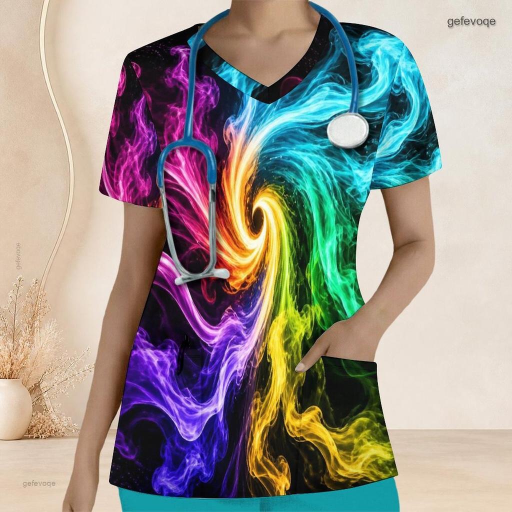 Damen Plus Size Kurzarm V-Ausschnitt Regenbogen-Wirbelmuster Krankenschwester-Kittel mit Vordertaschen