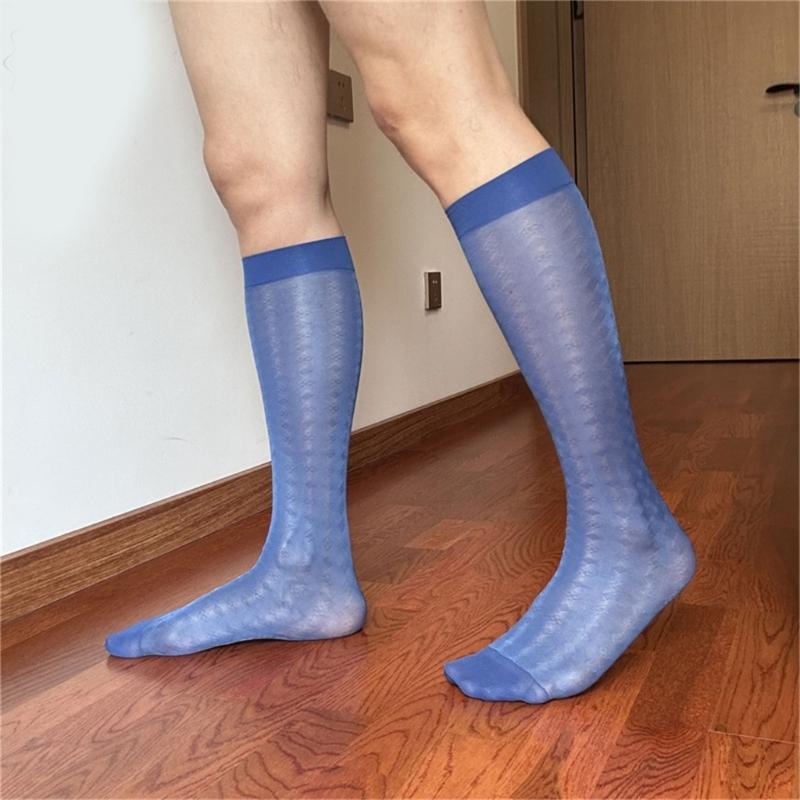 Men Thin Business Dress Socks Stretchy Nylon Sheer Knee Highs Dress Socks Over the Calf Dress Socks Sheer Casual Socks