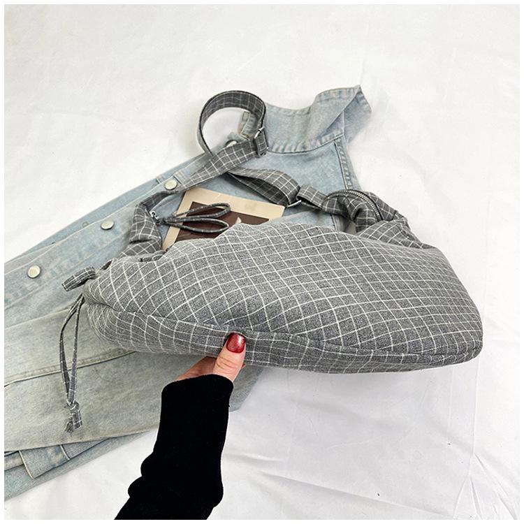 Korean Plaid Canvas Underarm Bag - Large Capacity Crossbody for Women, 2025 Style