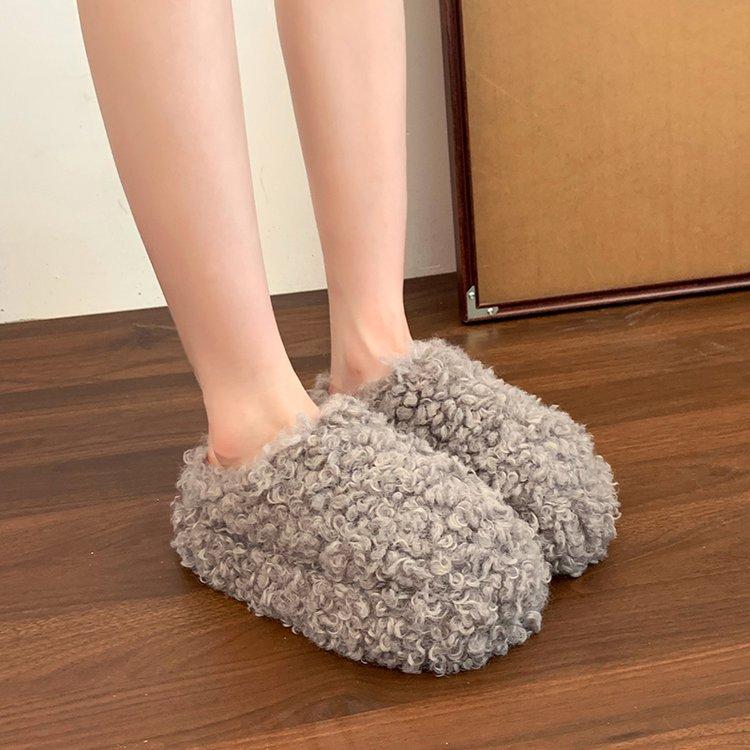 sponge cake thick bottom curly hair plush bag head half slippers women's wear 2025 autumn and winter new warm and heightening cotton slippers