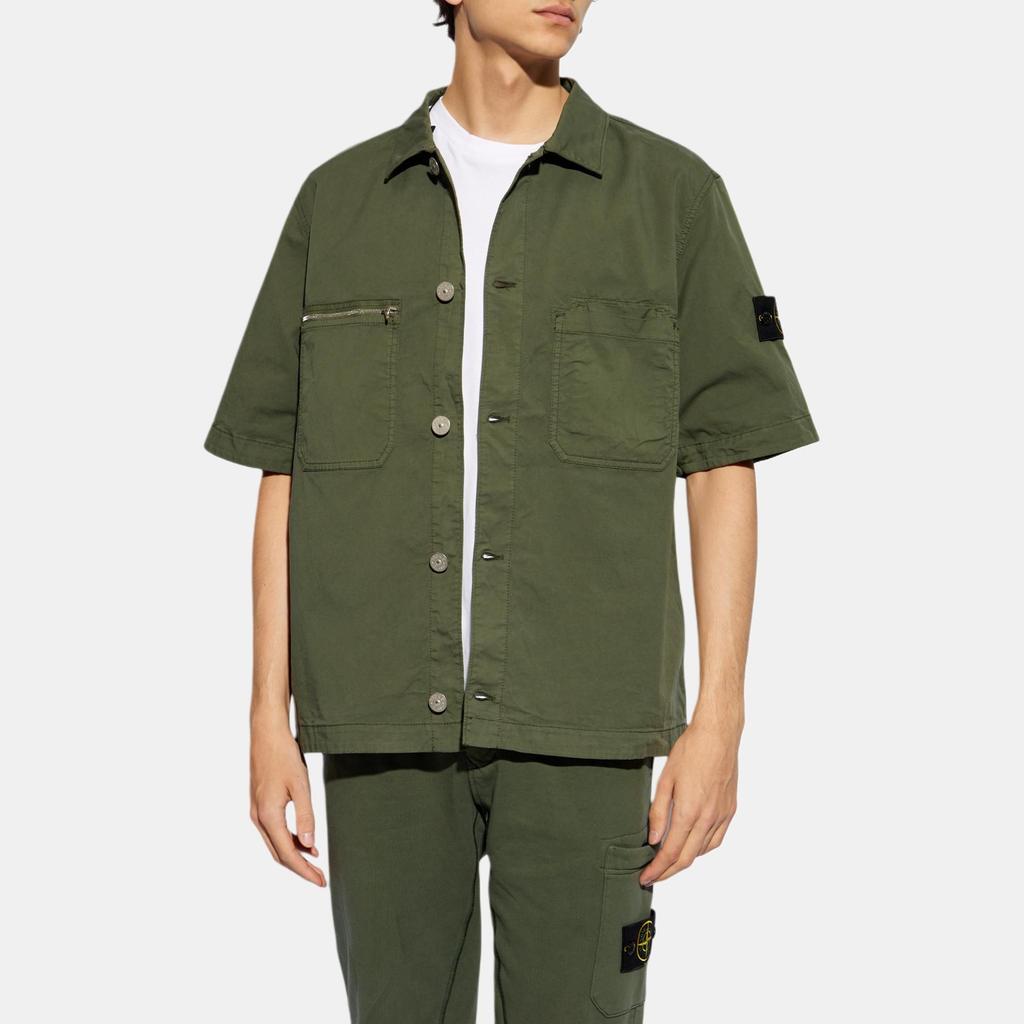 Stone Island FW24 Pima Cotton Minimalist Casual Button Badge Twill Short Sleeve Shirt Men shirts Moss-Green 811512410-V0059