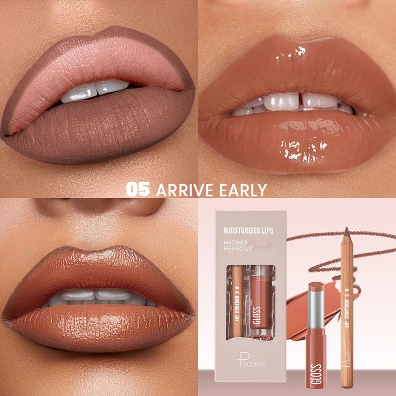 2 ks Sady kombinací tužky na rty, lesku na rty a rtěnky, efekt vodního světla s vysokým leskem, lesklá želé pevná rtěnka a matná konturovací tužka na rty pro konturovací make-up