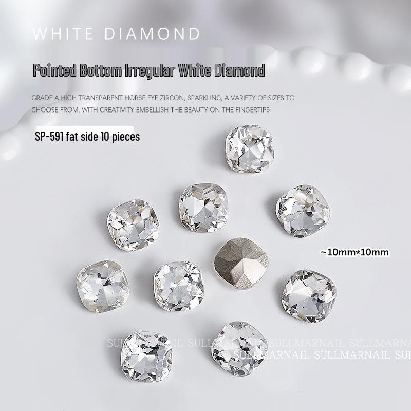 Nail Art Rhinestones Set: Heart, Crooked Heart, White Diamond, Peach Heart, Square, and Transparent Shapes (10 Pieces)