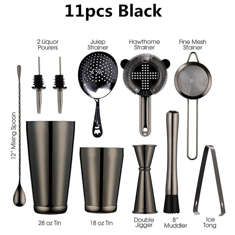 Koktejl Shaker Bar Set: 2 vážené Boston shaker, cedítko na koktejly, odměrka, muddler a lžička, kleště na led a 6 nalévátek na lahve