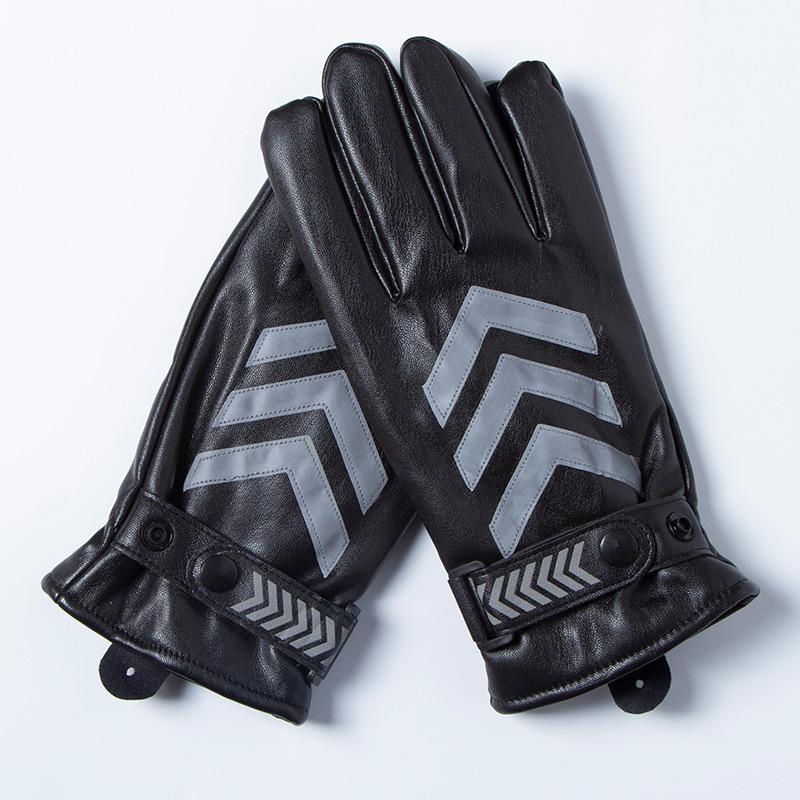 Autumn and Winter Traffic Warm PU Plus Fleece Duty Gloves White Leather Reflective Security Guard Night Patrol Sports Command Riding