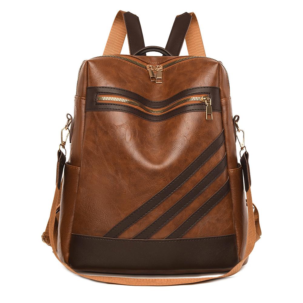 Retro bag women s large-capacity backpack, niche design women s casual backpack contrasting striped bag коричневый