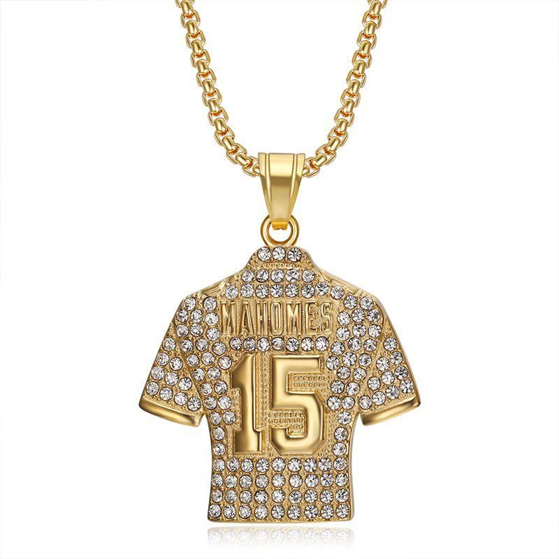Europe, America, Gold-plated and Diamond NFL Quarterback No. 15 Mahomes Jersey Pendant Necklace 2026 60CM