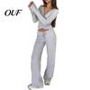 Soft Spring Autumn Clothes Women Sweatshirt Pants 2-Piece Set, V Neck Slim Fit Top & High Tops Waisted Wide Leg Trousers, Solid Color Lounge