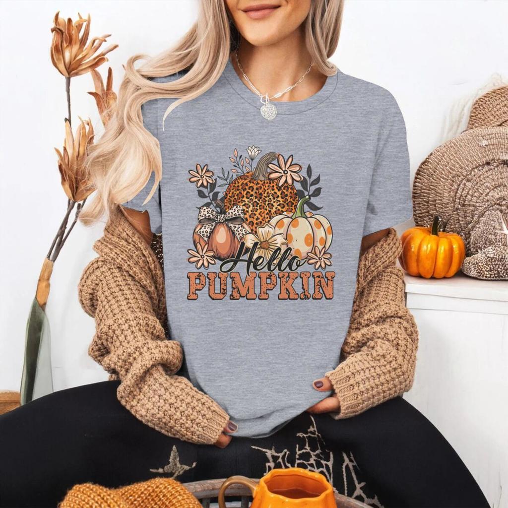 Hello Pumpkin Tshirt FeUnisex Halloween Fall Leopard Pumpkin Coquette Bow Graphic T Shirts Spooky Season Short Sleeve Tee Top