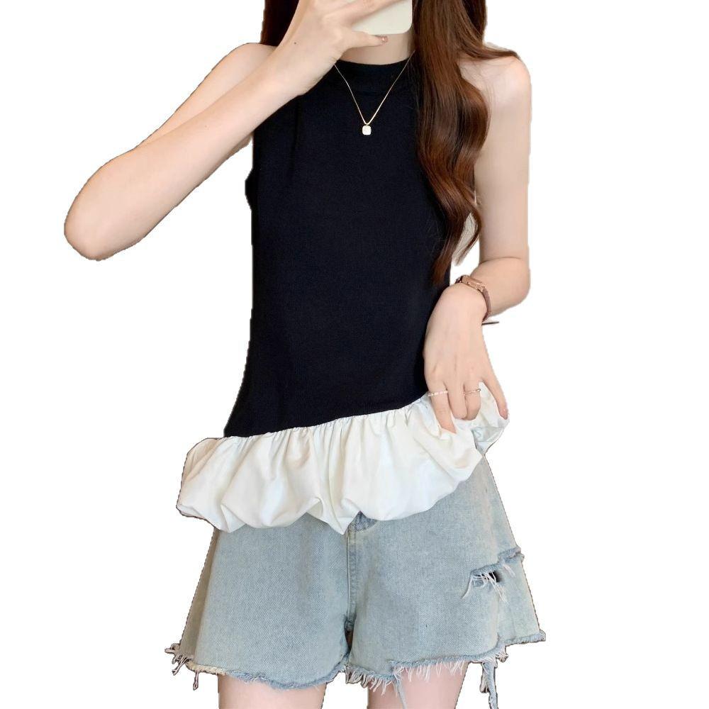 2025 Women's French-Style Patchwork Halterneck Sleeveless Top: Sweet & Spicy Slim Fit Summer Vest