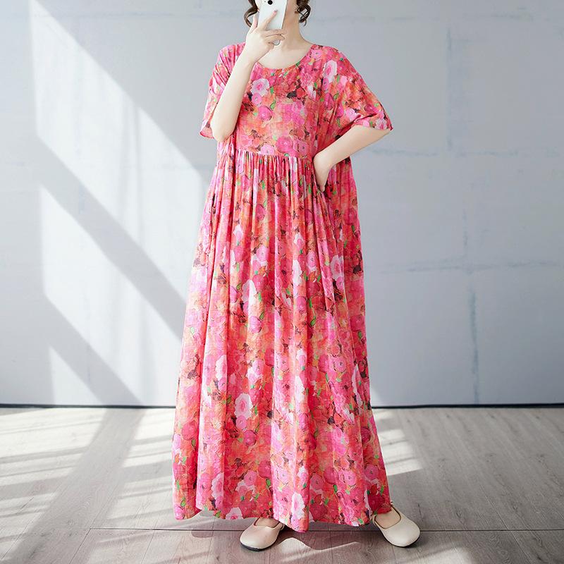Summer New Simple Bohemian Long Dress Fattened and Enlarged Short-sleeved Crew Neck Printed Dress Women's Clothing