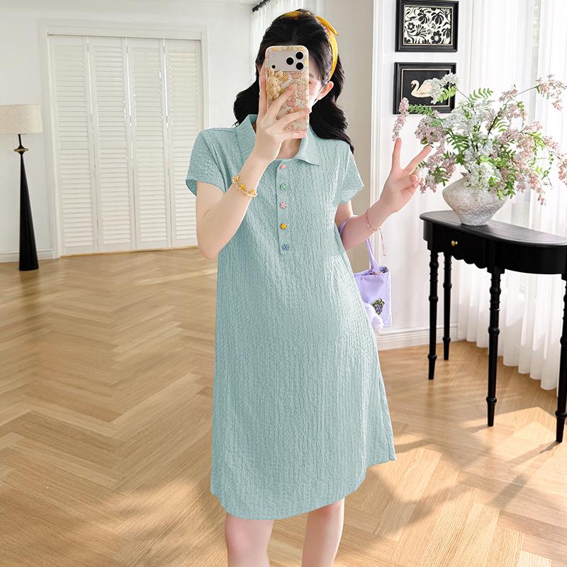 Elegant 2026 Summer Maternity Dress: Short Sleeve, Ice-Cool Lapel, Slim Fit, Mid-Length L