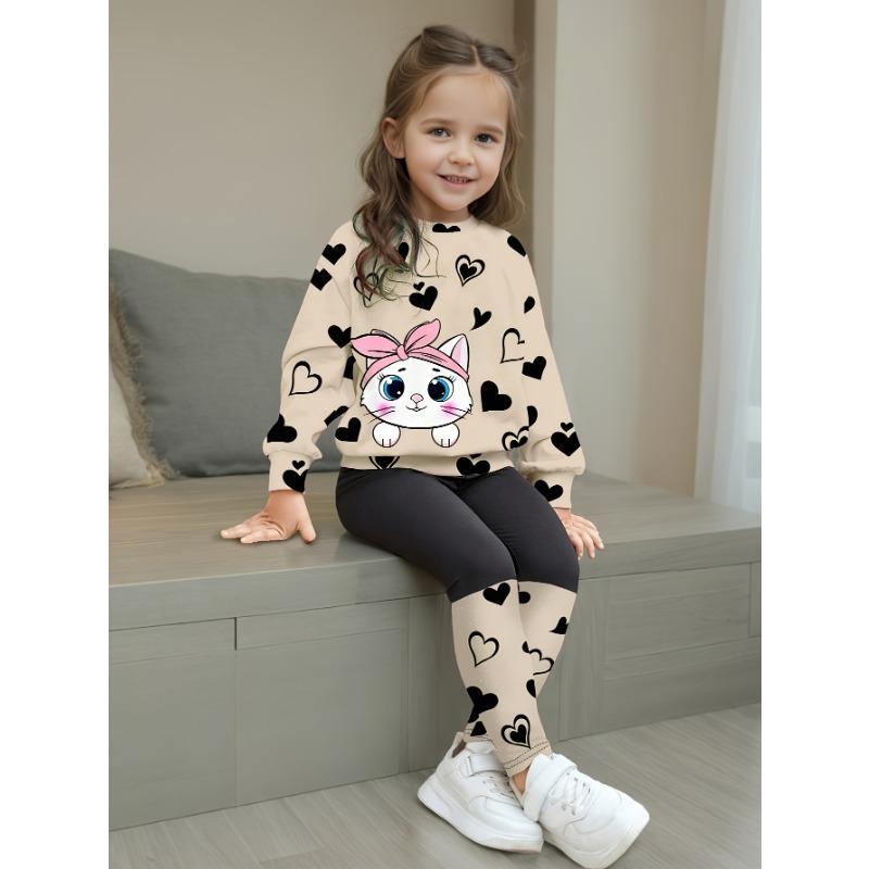 Girls' Summer New Arrival Fashion Heart Print Round Neck Long Sleeve T-Shirt + Casual Patchwork Pants Set with Cute Cat Pattern Two-Piece Outfit